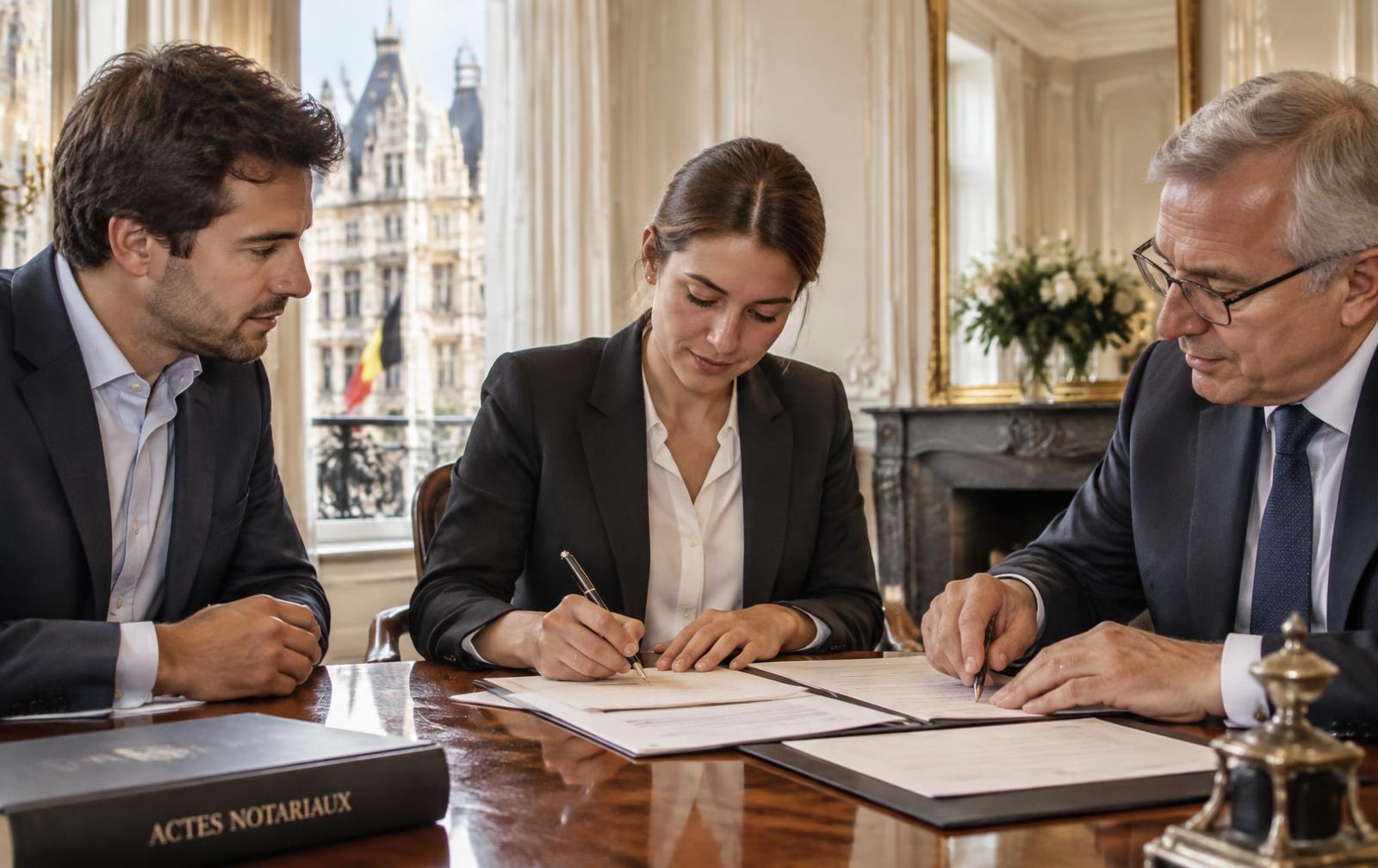Signature d'un acte d'achat immobilier chez un notaire bruxellois