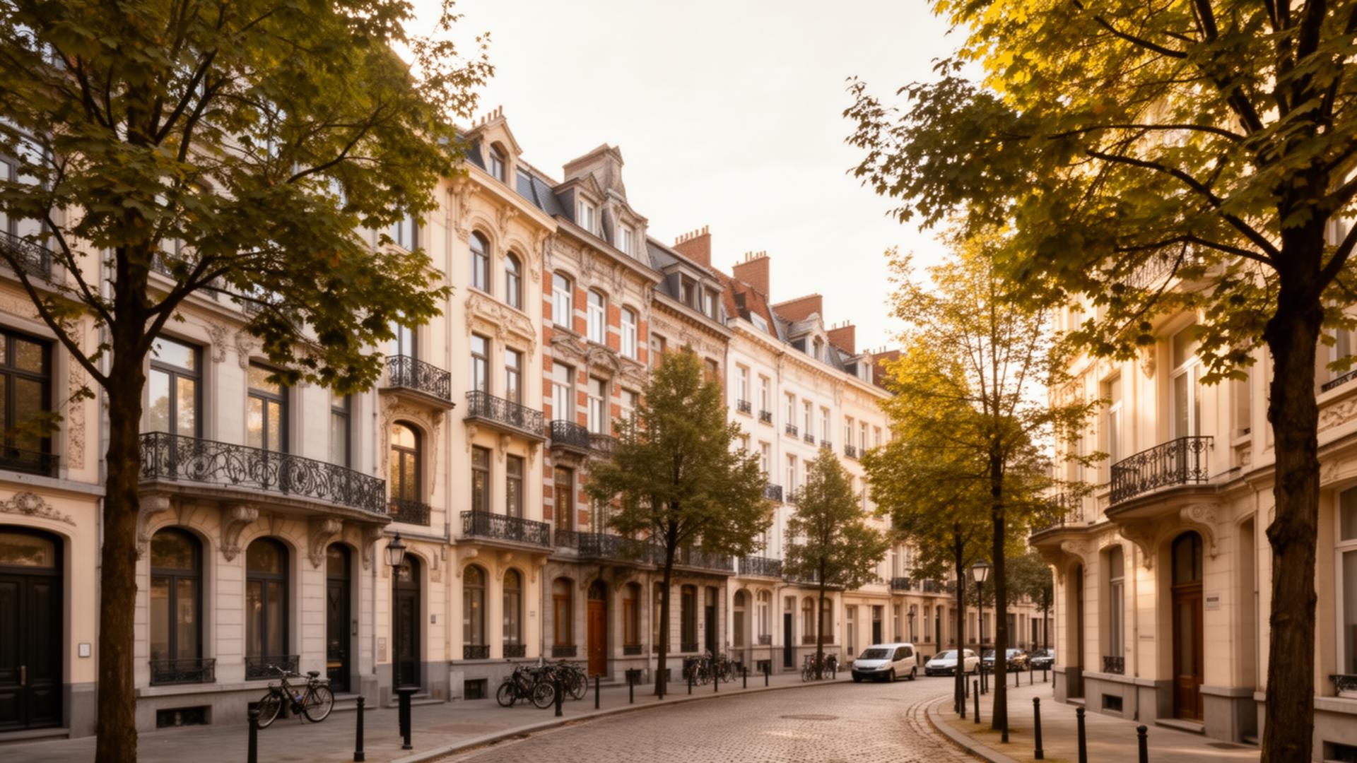 Rue bruxelloise avec immeubles art nouveau, ambiance investissement locatif