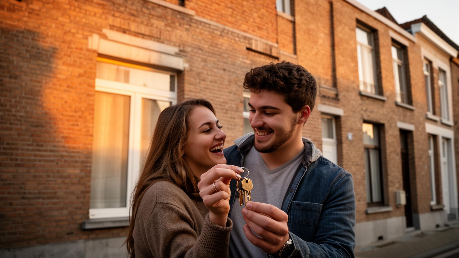 Jeune couple recevant les clés de leur premier appartement à Laeken