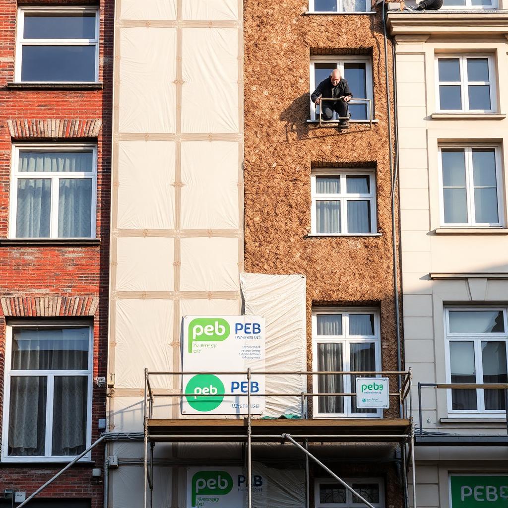 Façade bruxelloise en cours de rénovation énergétique avec isolation extérieure
