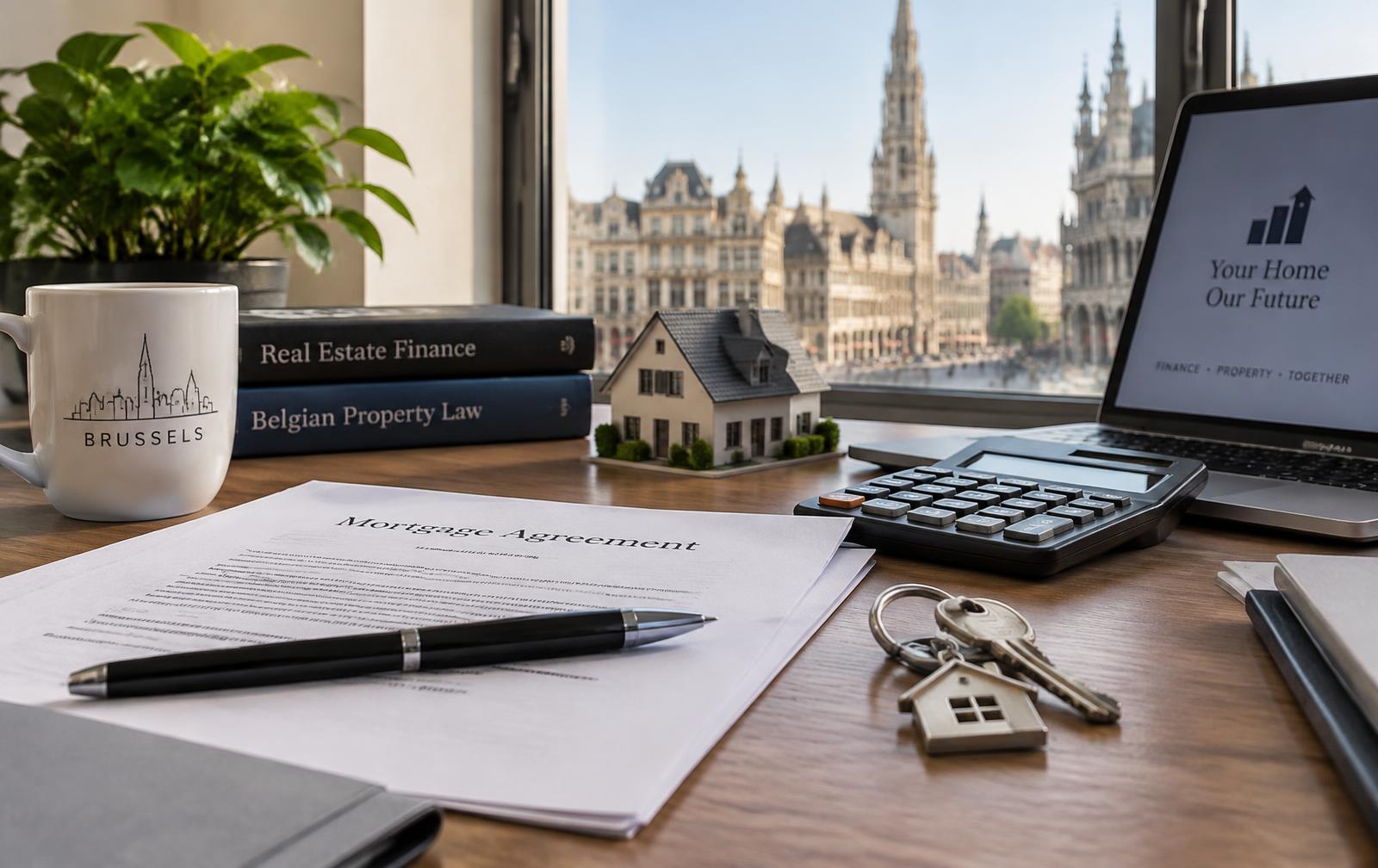 Bureau bancaire bruxellois avec dossier de crédit hypothécaire, calculatrice et clés de maison
