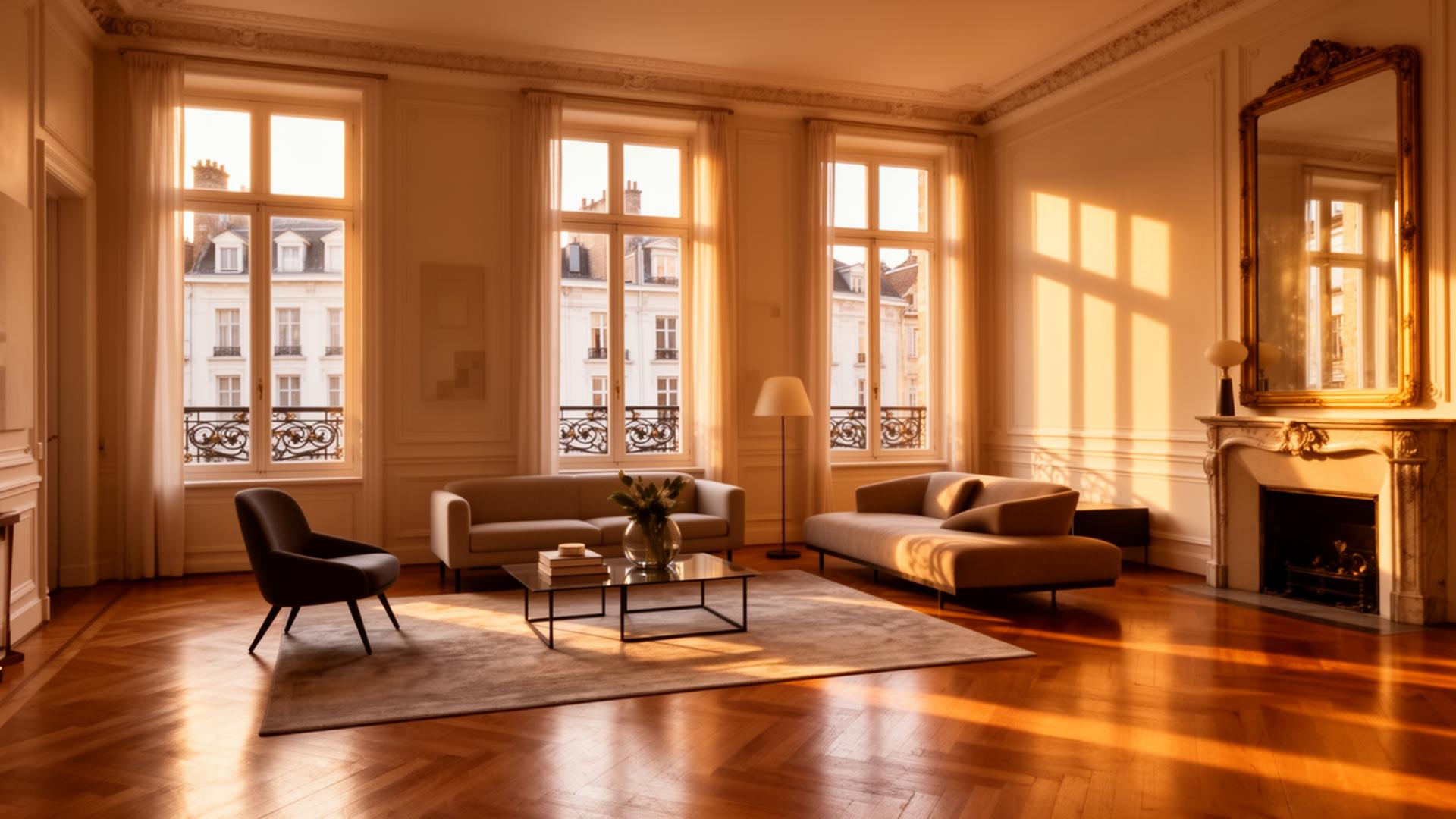 Salon bruxellois mis en scène pour la vente, lumière dorée et parquet